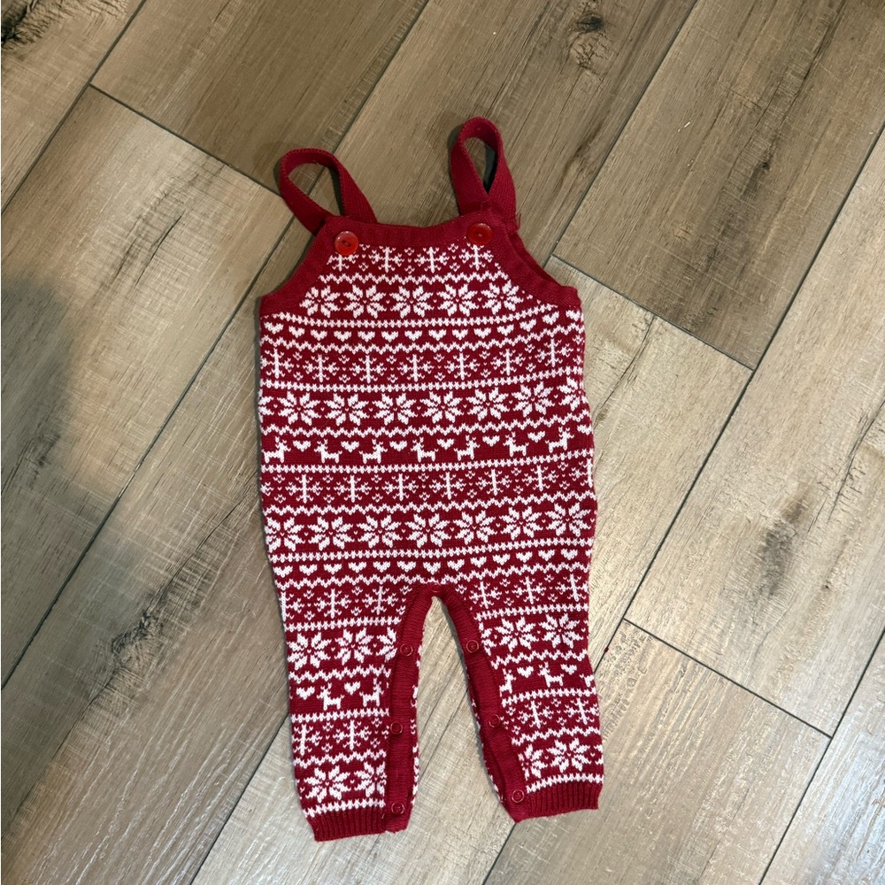 Red and White Knit Baby Overalls